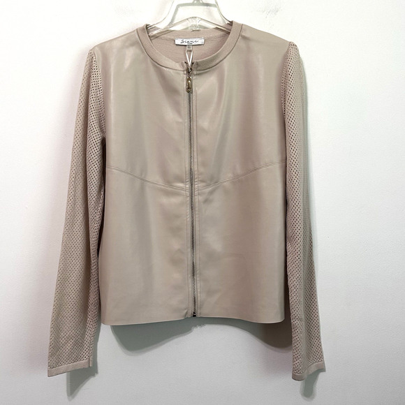 Sioni Zip Front Mixed Media Jacket L Faux Leather Winter White Knit Designer NEW - Picture 1 of 9